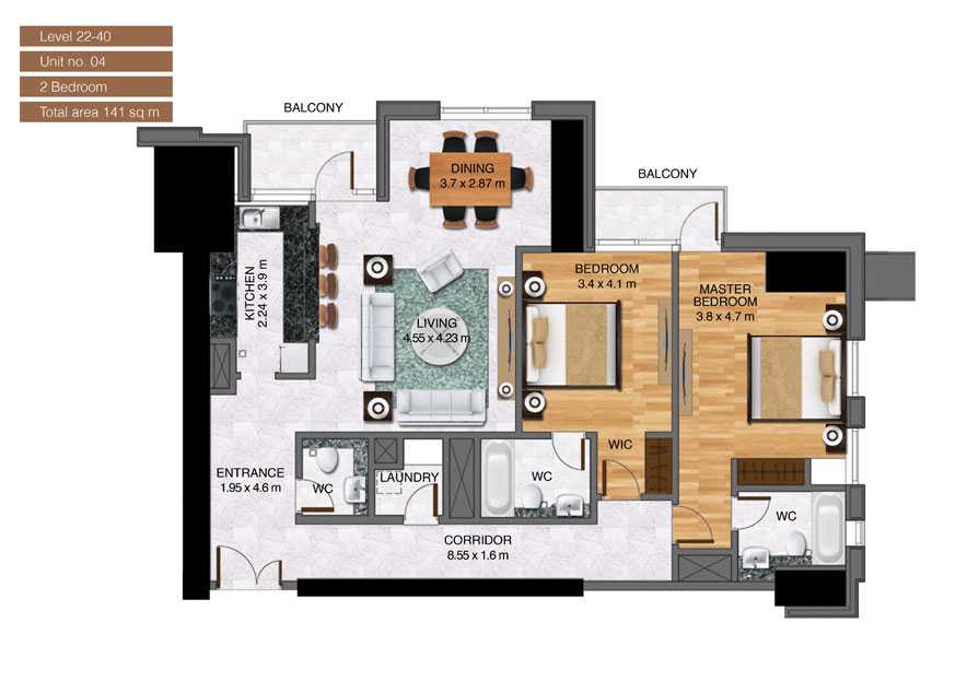 Level-22-40,Unit-no-4-,2-Bedroom-,Size-141-Sq m